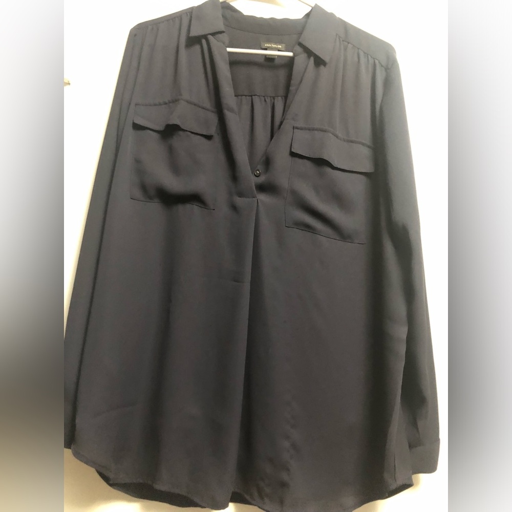 Ann Taylor dark blue long sleeved blouse, size L.